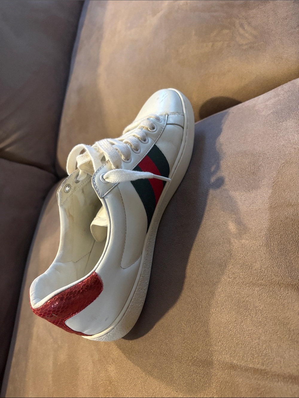 Gucci White Leather Sneaker with Red Heel & Green/Red Web Stripe